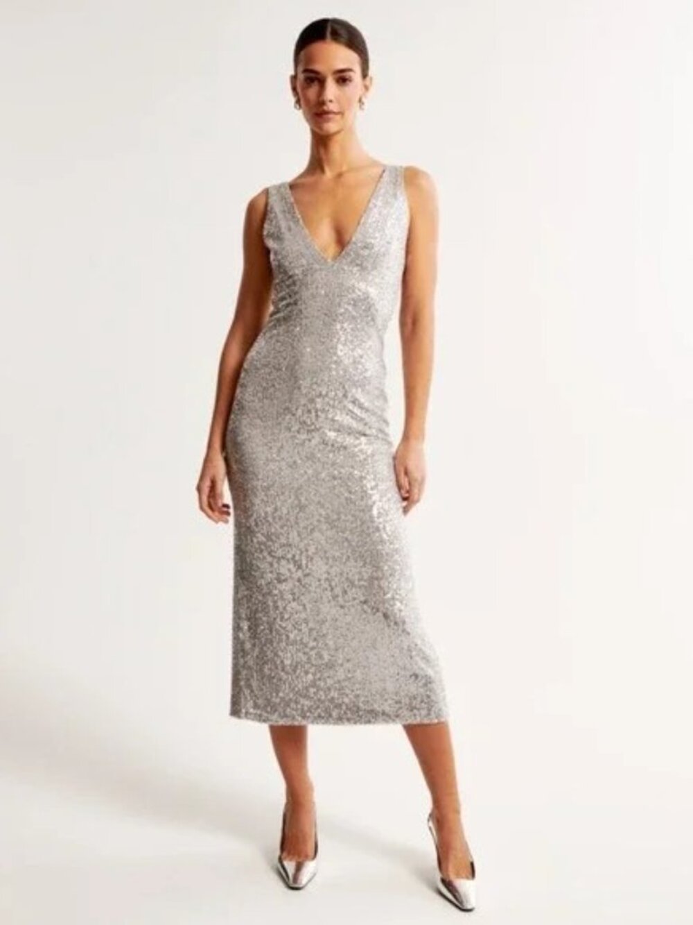 Abercrombie & Fitch Silver Sequin Midi Deep v neck dress Small